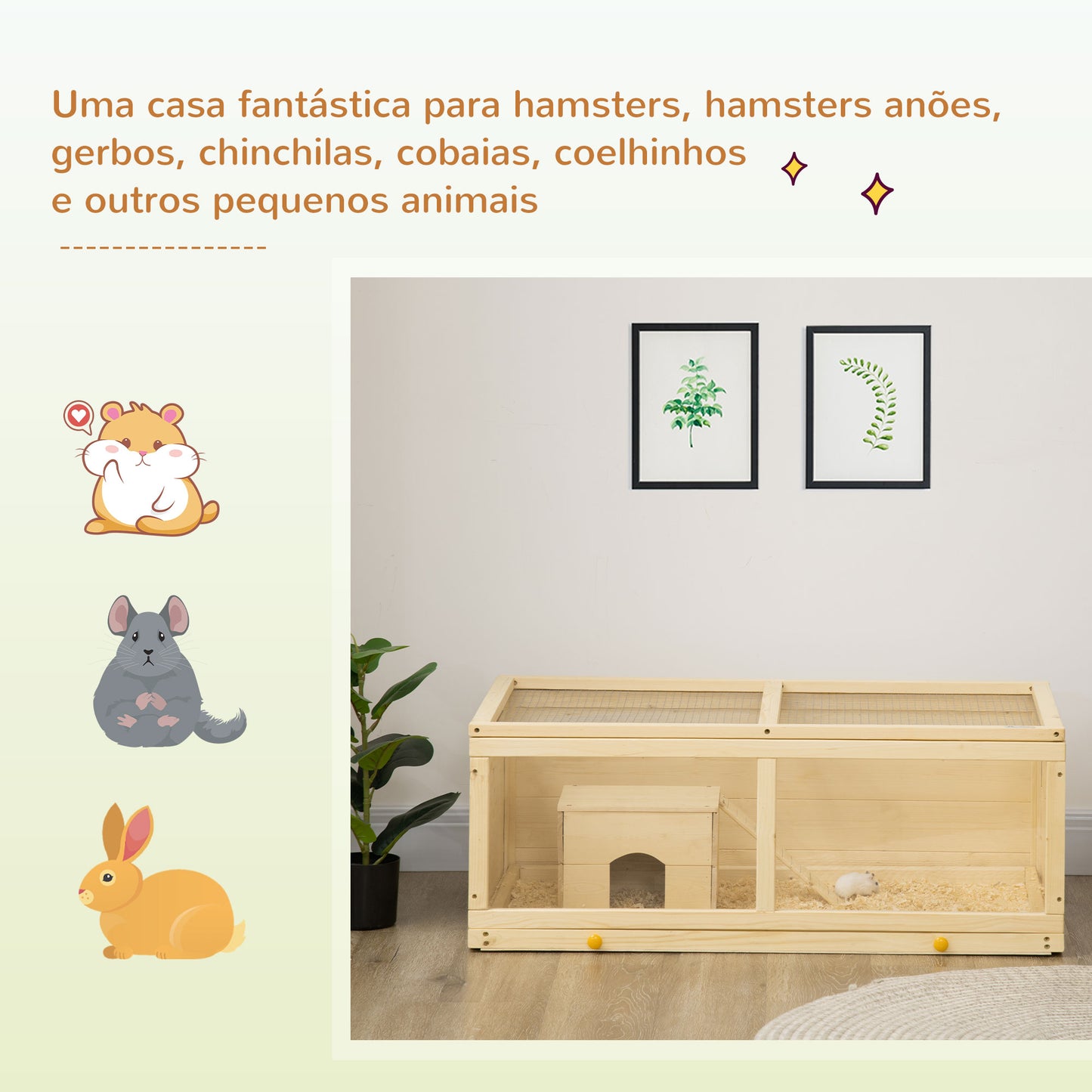 PawHut Gaiola para Hamster de Madeira 100x58x38cm Casa para Roedores com Tampa Abatível Painel de Acrílico Bandeja Amovível e Casa para Coelhos Chinchilas Madeira