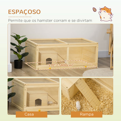 PawHut Gaiola para Hamster de Madeira 100x58x38cm Casa para Roedores com Tampa Abatível Painel de Acrílico Bandeja Amovível e Casa para Coelhos Chinchilas Madeira