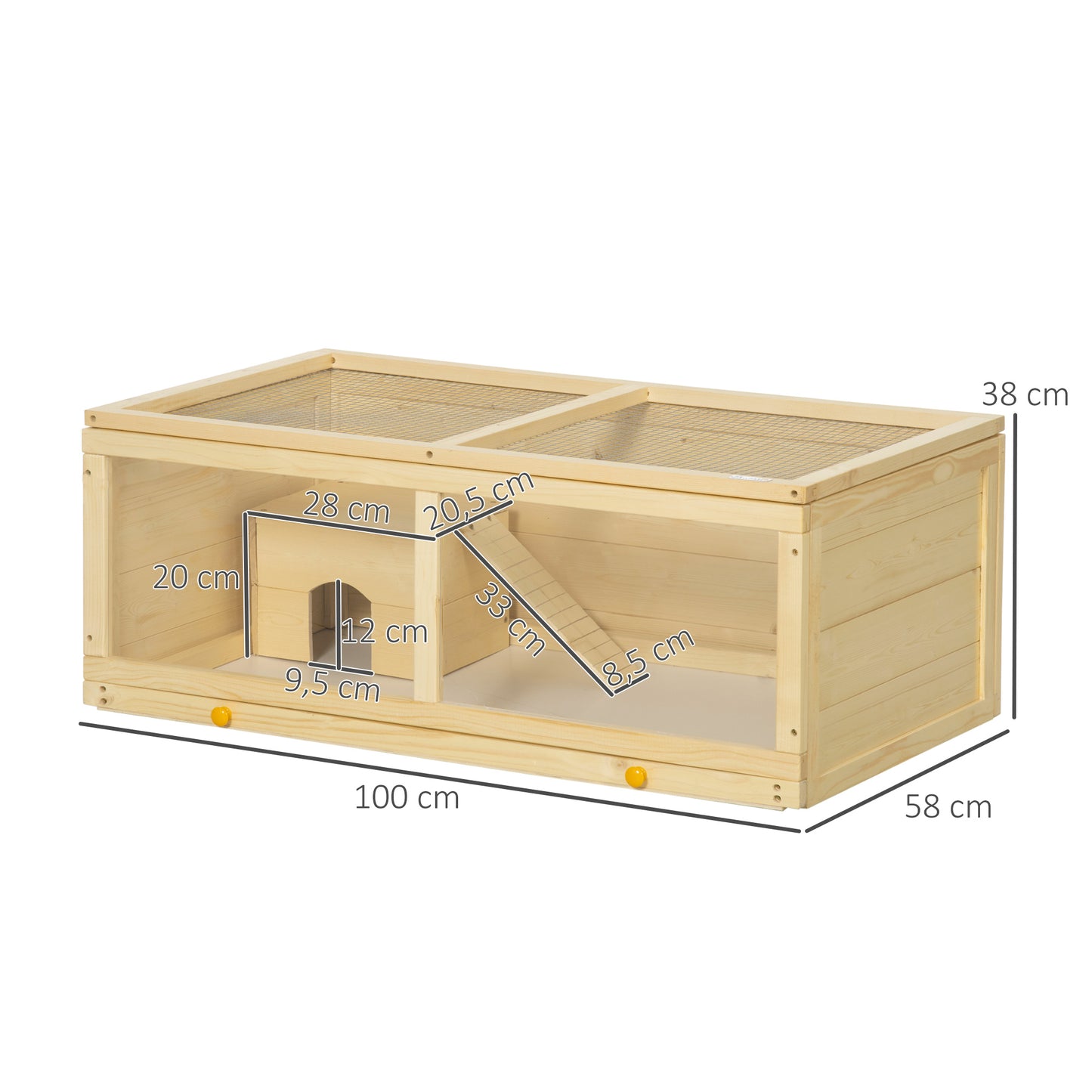 PawHut Gaiola para Hamster de Madeira 100x58x38cm Casa para Roedores com Tampa Abatível Painel de Acrílico Bandeja Amovível e Casa para Coelhos Chinchilas Madeira