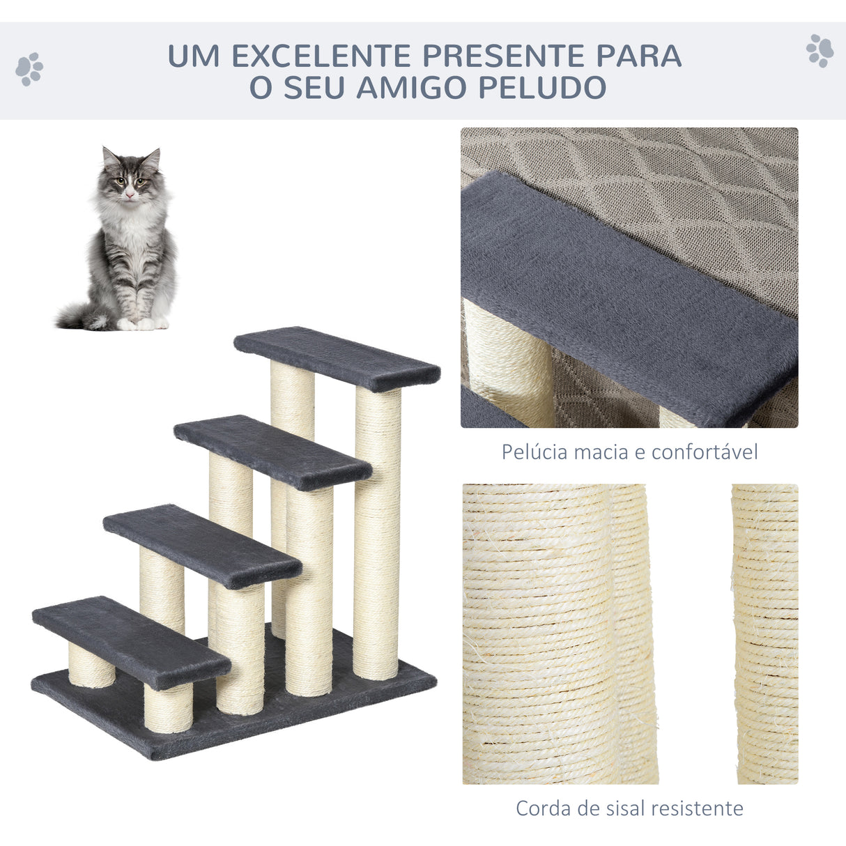 PawHut Escada para animais de estimação escada para gatos cães cobertura macia de pelucia Raspador de Sisal Estável 4 Passos 60x42x61 cm Cinzento