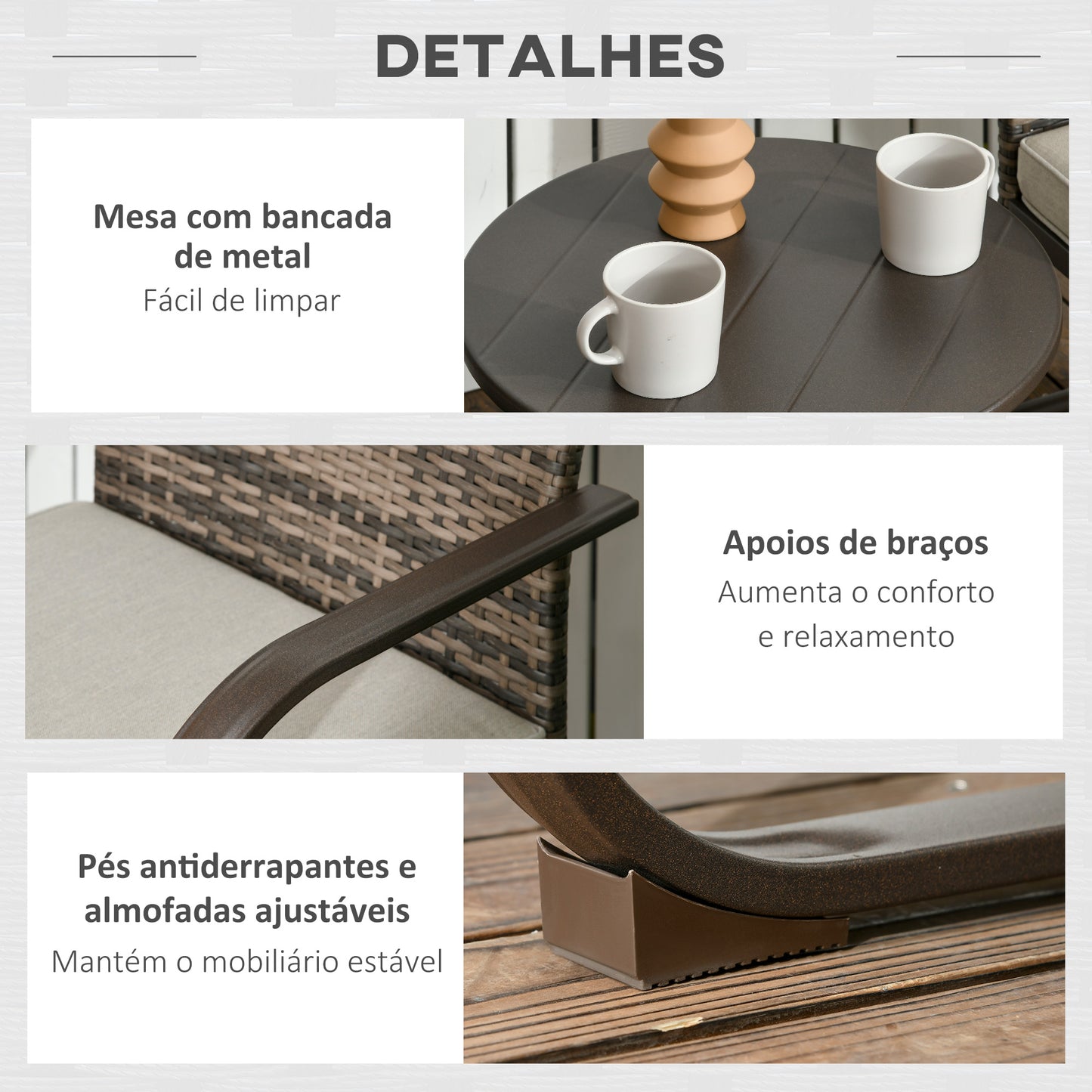 Outsunny Conjunto de Móveis de Jardim de Vime 3 Peças Móveis de Exterior Incluí 2 Poltronas Baloiço com Almofadas e Mesa Redonda para Varanda Pátio Marrom