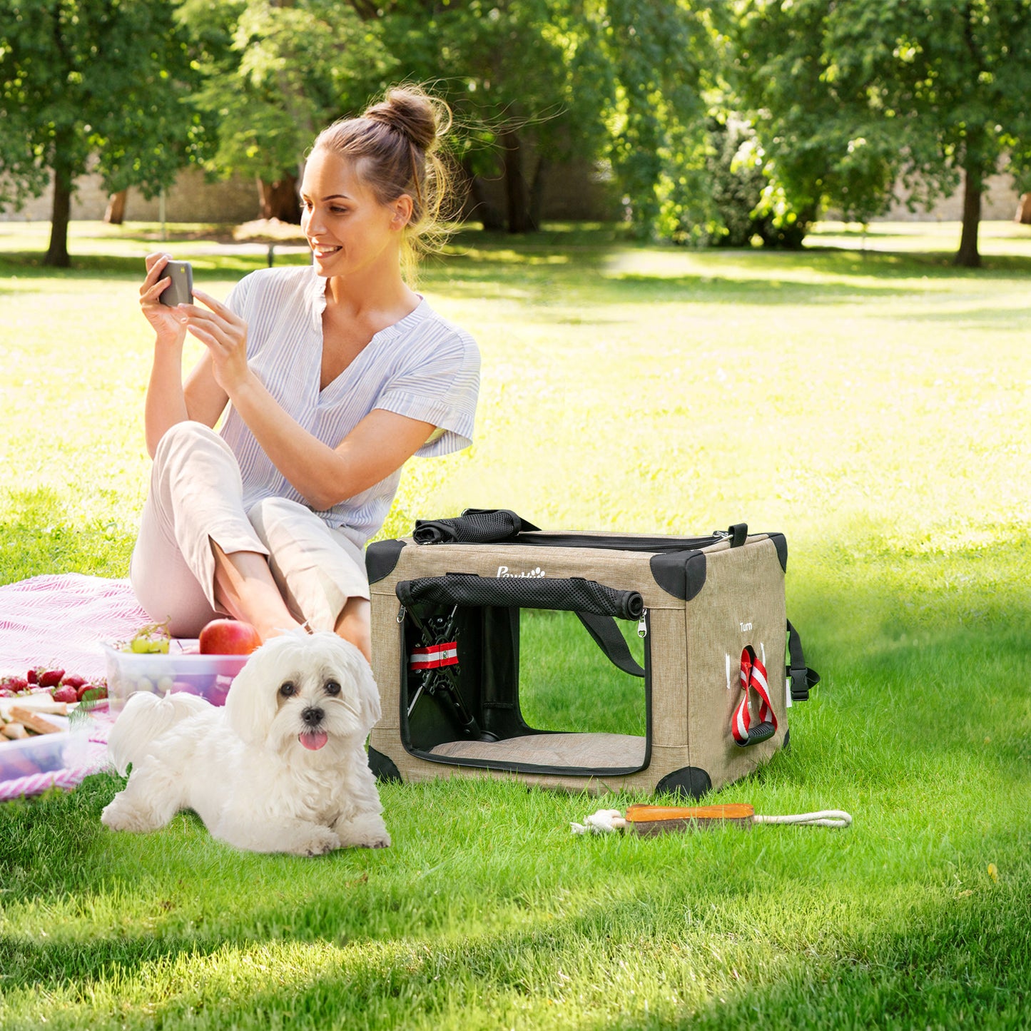 PawHut Mochila Transportadora para Cães e Gatos Pequenos Bolsa de Transporte para Animais de Estimação Dobrável com Almofada Removível e Correia de Transporte Ajustável para Viagem 48,5x33,5x33cm Cáqui e Preto