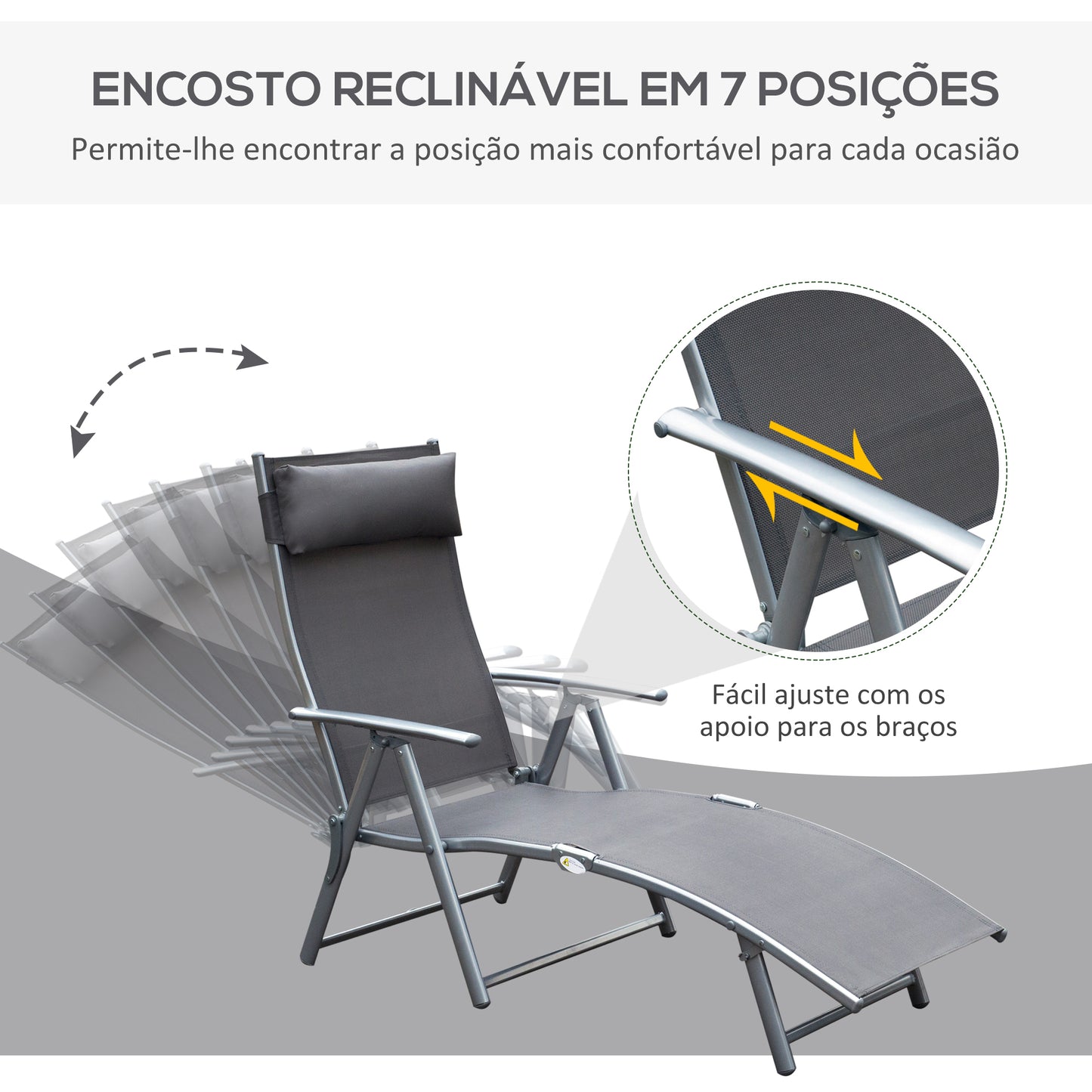 Outsunny Espreguiçadeira Dobrável de Jardim com Encosto Ajustável em 7 Posições Apoio para a Cabeça para Terraço Piscina Exterior Carga Máxima 165kg 137x63,5x100,5cm Cinza