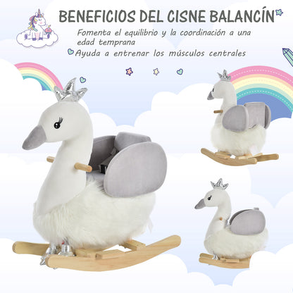 HOMCOM Cavalo de balanço para bebê acima de 18 meses Suave com formato de cisne Sons Apoio para os pés e cinto 60x33x59 cm Branco e cinza