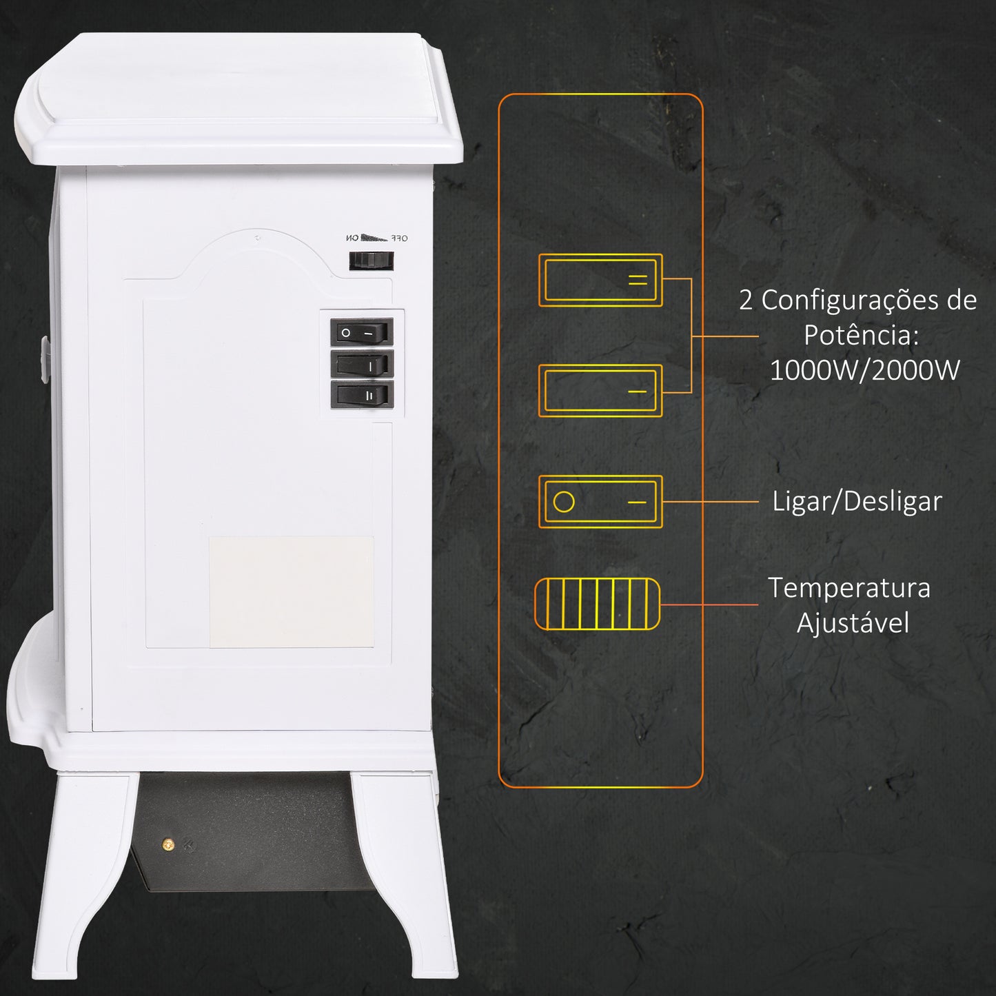 HOMCOM Lareira Elétrica Portátil 1000/2000W com Simulação de Chama Termostato Ajustável e Proteção de Superaquecimento para Salas de até 25m² 36,5x24x41,5cm Branco