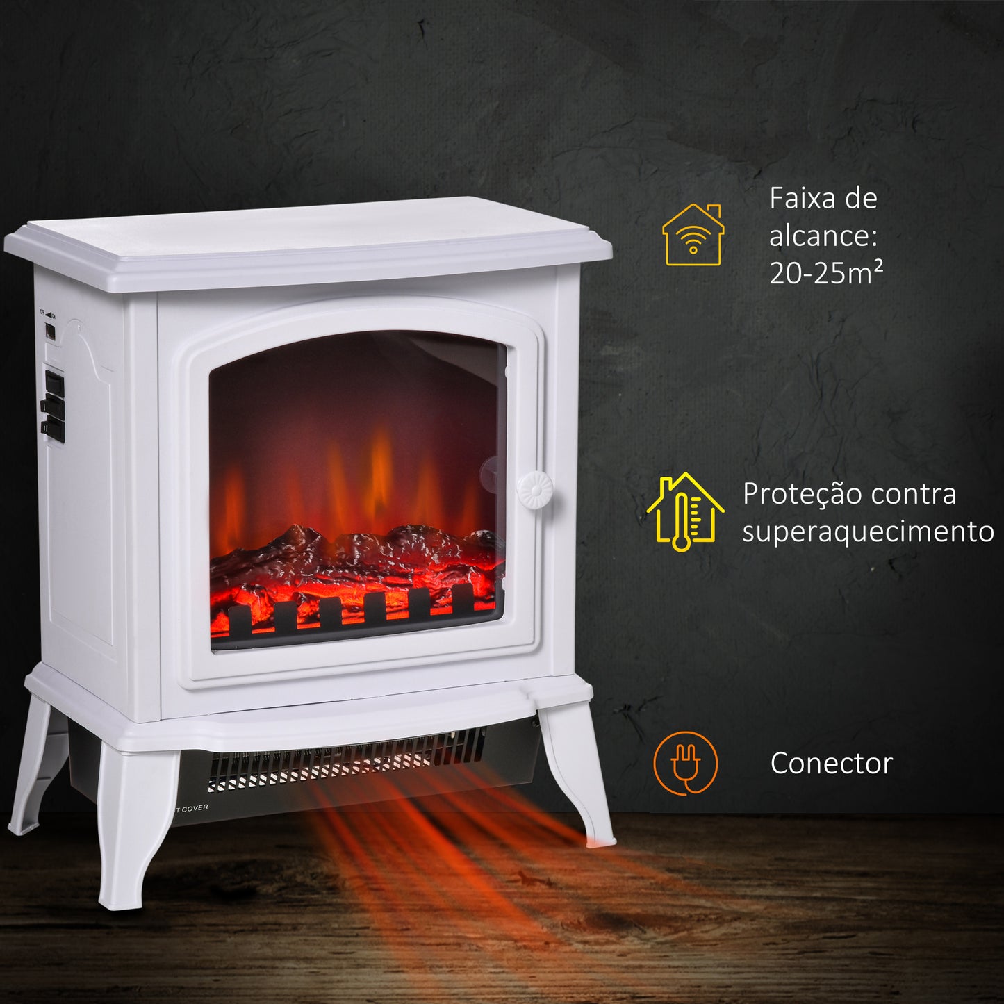 HOMCOM Lareira Elétrica Portátil 1000/2000W com Simulação de Chama Termostato Ajustável e Proteção de Superaquecimento para Salas de até 25m² 36,5x24x41,5cm Branco