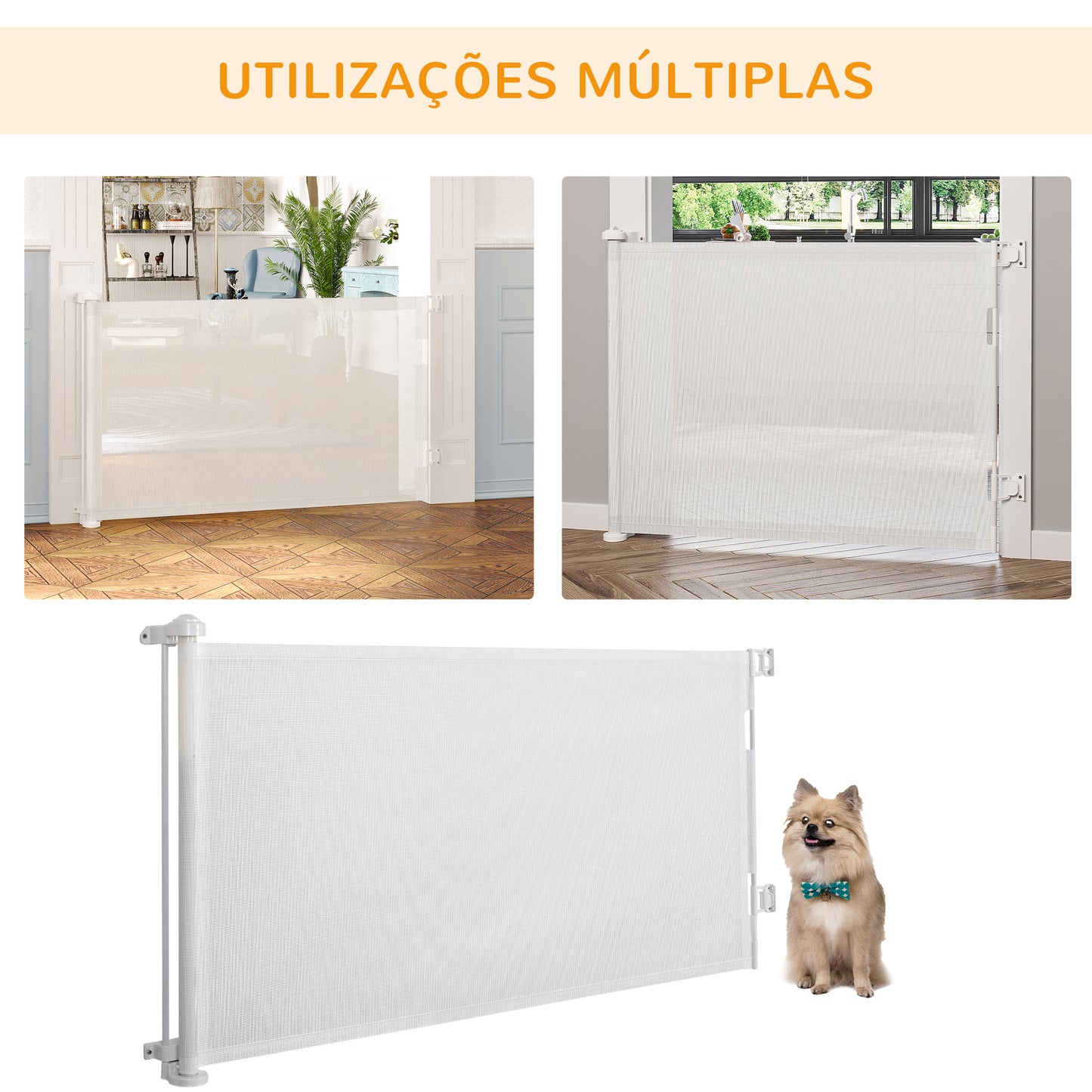 PawHut Barreira de Segurança para Cães Extensível 0-150cm Porta de Proteção Retrátil para Animais de Estimação Barreira para Escadas e Corredores Liga de Alumínio 165x10,7x85cm Branco