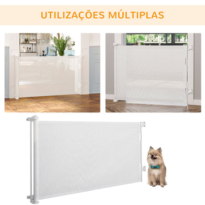 PawHut Barreira de Segurança para Cães Extensível 0-150cm Porta de Proteção Retrátil para Animais de Estimação Barreira para Escadas e Corredores Liga de Alumínio 165x10,7x85cm Branco