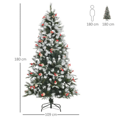 HOMCOM Árvore de Natal Artificial 180cm com 678 Ramas 53 Pinhas e 53 Frutinhas Folhas de PVC PE Base Dobrável e Suporte Metálico Decoração de Natal para Interiores Verde