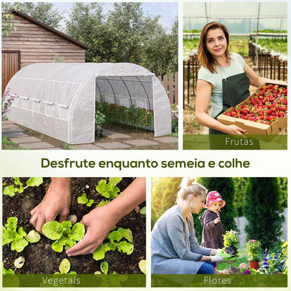 Outsunny Estufa Tipo Túnel de Jardim 6x3x2m com Porta Enrolável 12 Janelas Cobertura de PE 140g/m² e Metal Galvanizado para Cultivos de Plantas Verduras Branco