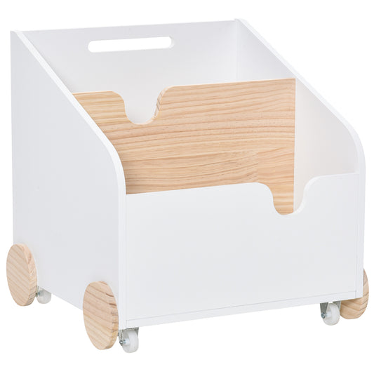 HOMCOM Caixa de Armazenamento de Brinquedos de 2 Seções com Rodas Puxador Carrinho de Madeira Infantil 40x43x43cm Branco e Madeira Natural