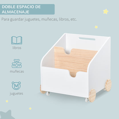 HOMCOM Caixa de Armazenamento de Brinquedos de 2 Seções com Rodas Puxador Carrinho de Madeira Infantil 40x43x43cm Branco e Madeira Natural