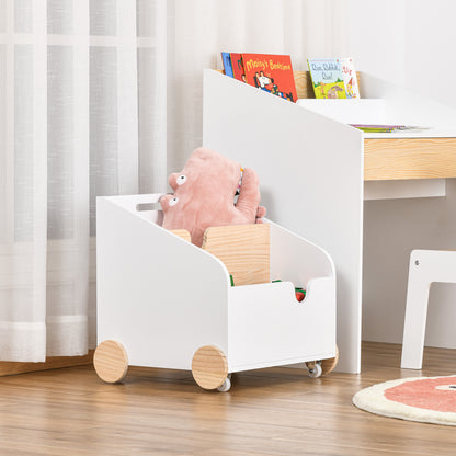 HOMCOM Caixa de Armazenamento de Brinquedos de 2 Seções com Rodas Puxador Carrinho de Madeira Infantil 40x43x43cm Branco e Madeira Natural