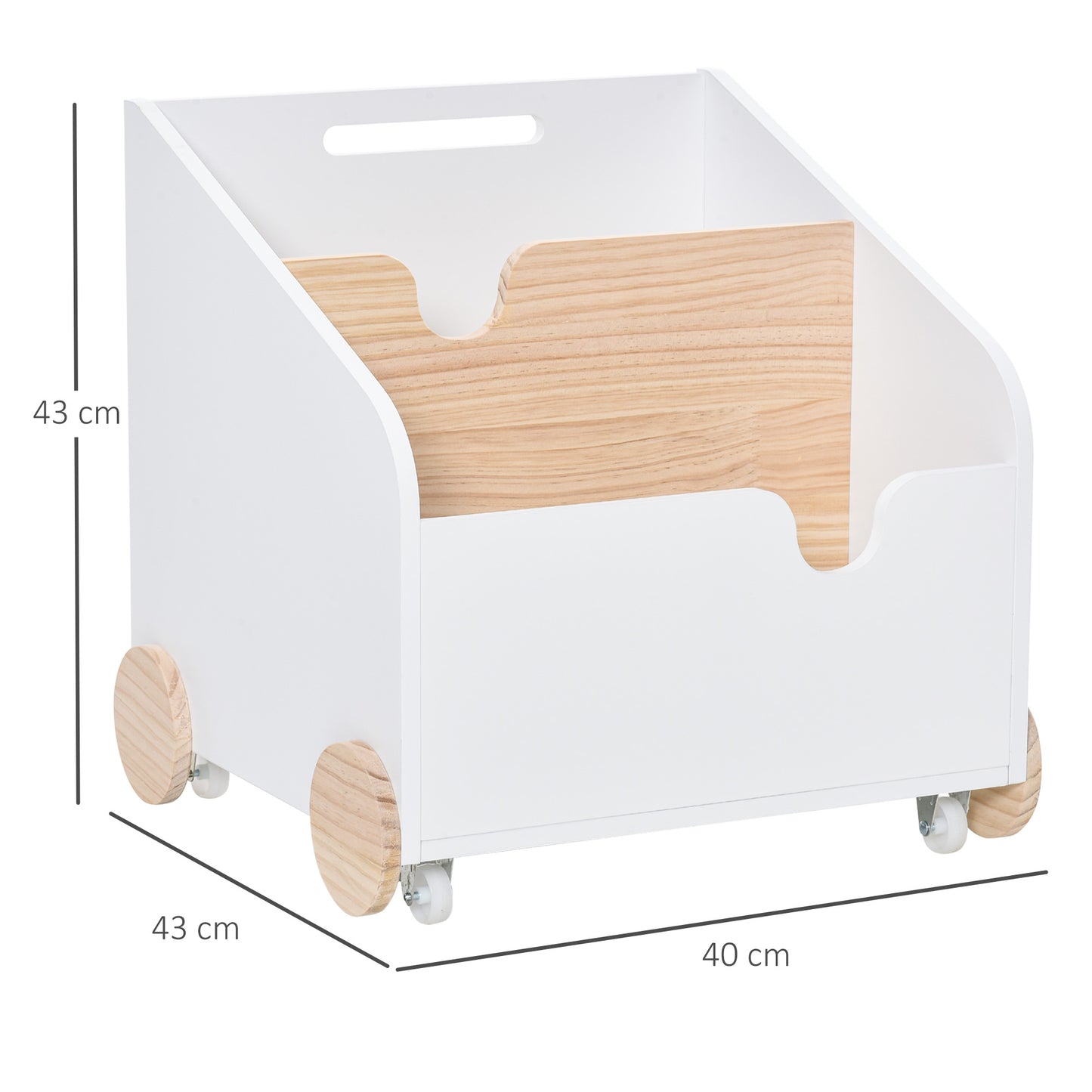 HOMCOM Caixa de Armazenamento de Brinquedos de 2 Seções com Rodas Puxador Carrinho de Madeira Infantil 40x43x43cm Branco e Madeira Natural