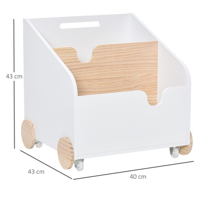 HOMCOM Caixa de Armazenamento de Brinquedos de 2 Seções com Rodas Puxador Carrinho de Madeira Infantil 40x43x43cm Branco e Madeira Natural