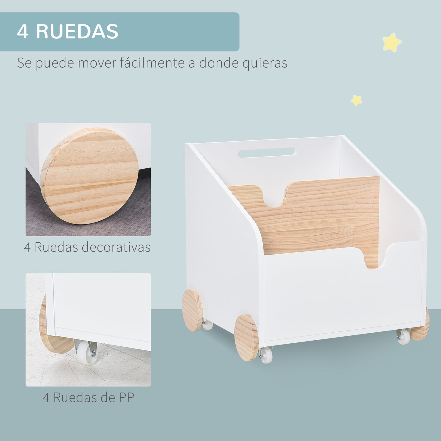 HOMCOM Caixa de Armazenamento de Brinquedos de 2 Seções com Rodas Puxador Carrinho de Madeira Infantil 40x43x43cm Branco e Madeira Natural