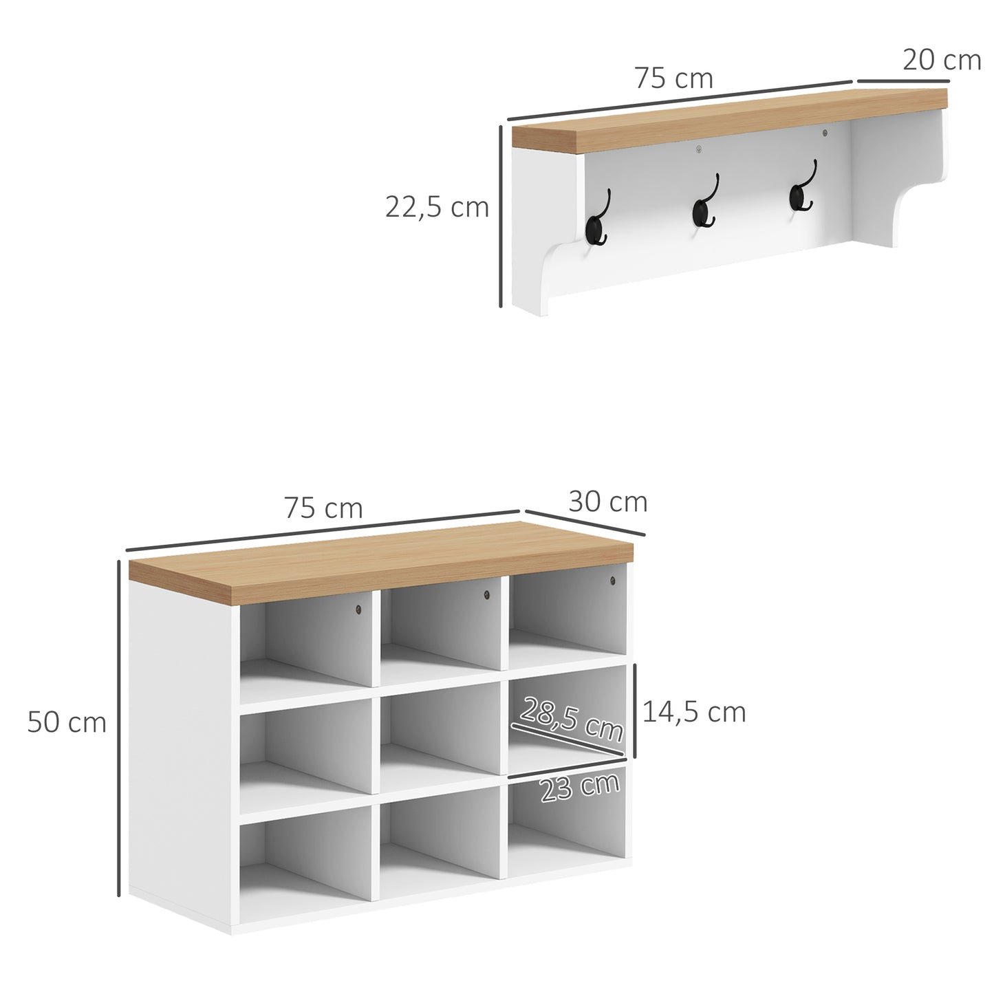 HOMCOM Móvel Cabide de Entrada com Banco Sapateira 2 em 1 Móveis de Entrada com 3 Ganchos e Prateleiras para 9 Pares de Sapatos 75x30x50 cm e 75x20x22,5 cm Branco