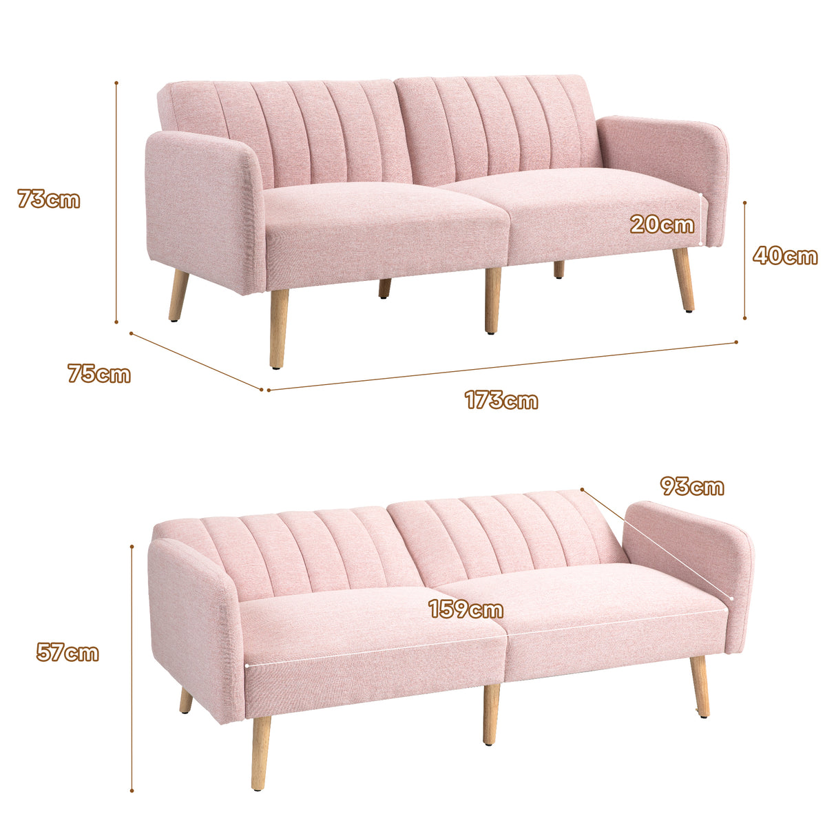 Sofá Cama de 2 Lugares com Encosto Ajustável - Rosa - Design Escandinavo