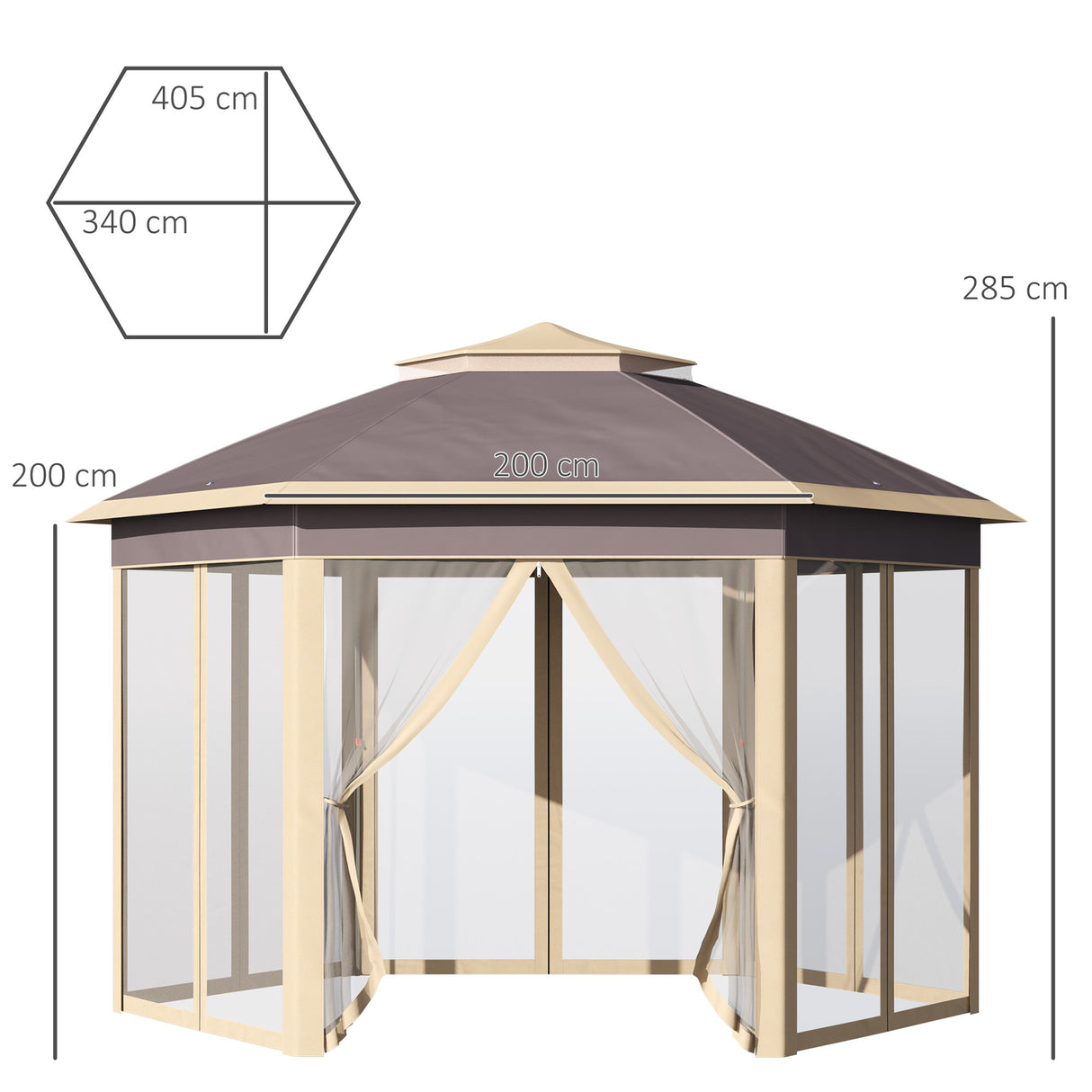 Outsunny Tenda Dobrável 4,05x3,4x2,85 m Tenda de Jardim Hexagonal com Duplo Teto 6 Mosquiteiras Amovíveis Bolsa de Transporte Altura Ajustável e Anti-UV para Festa Pátio Bege