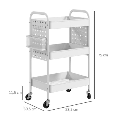 HOMCOM Carrinho Auxiliar com Rodas de Aço Carrinho de Armazenamento com 3 Bandejas 2 Cestos Pendurados e 6 Ganchos para Sala Cozinha Casa de Banho 53,5x30,5x75 cm Branco