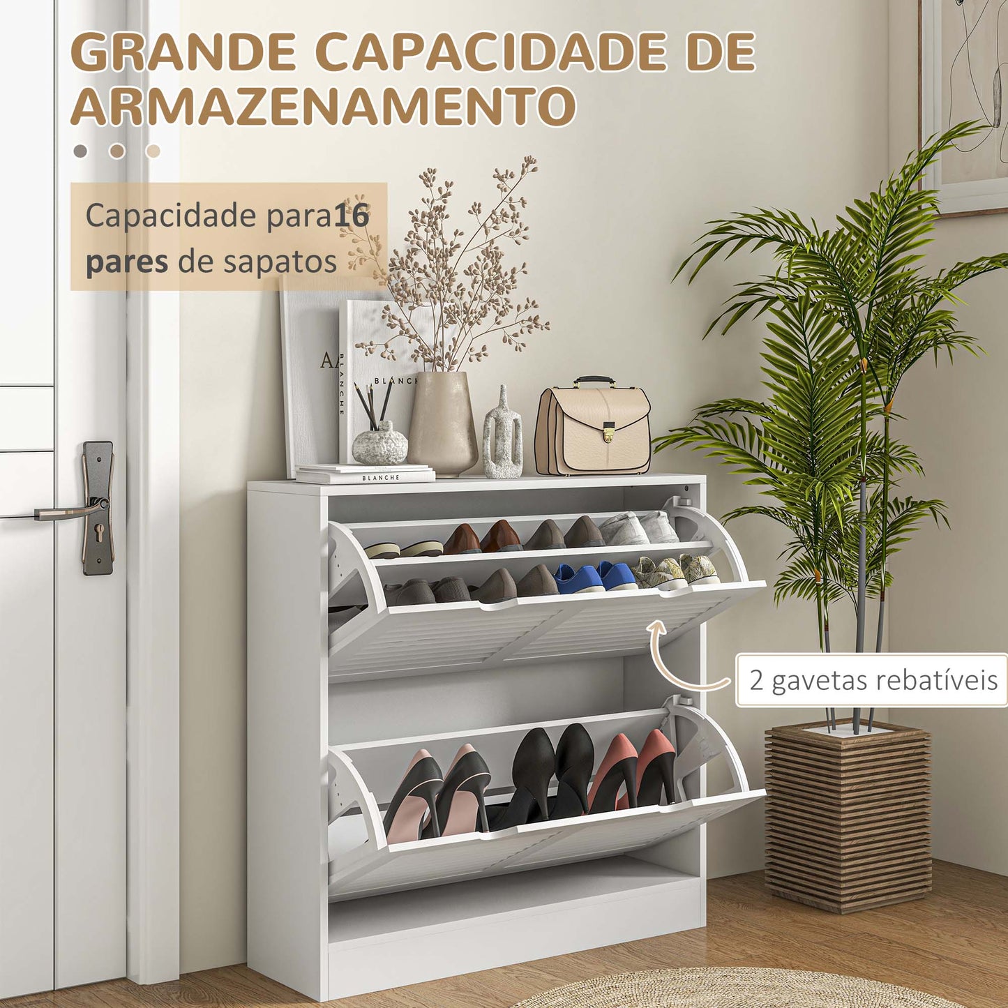 HOMCOM Sapateira Moderna Sapateira Entrada com 2 Gavetas Rebatíveis e Prateleias Ajustáveis para 16 Pares de Sapatos Sapateira Compacta para Corredor 81,5x25x83 cm Branco