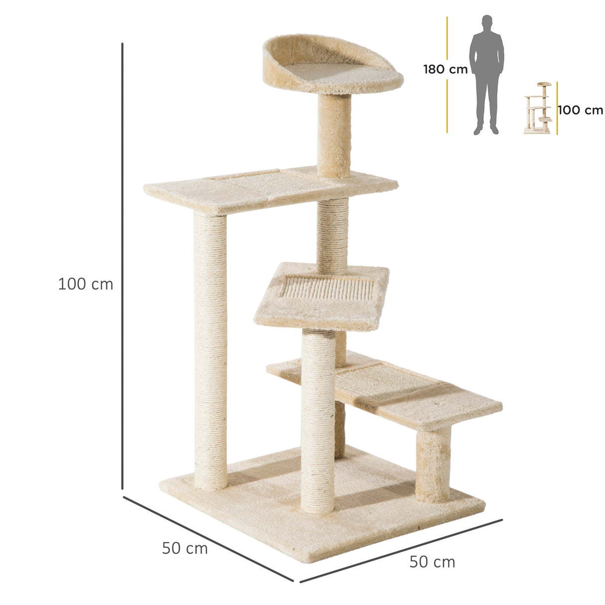 PawHut Árvore para gato Poste para arranhar com cama de plataforma e cobertor de sisal de veludo bege - 50x50x100cm