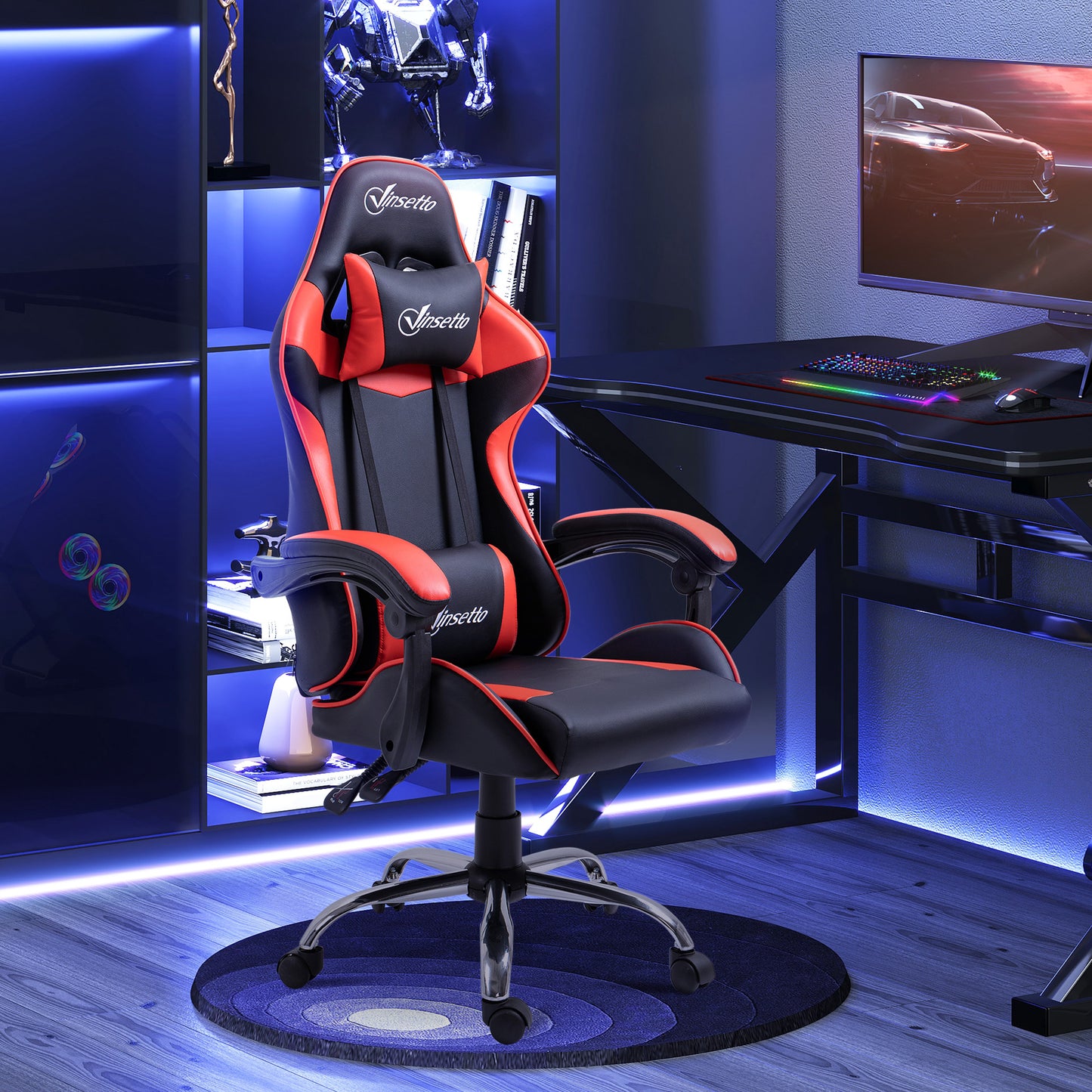 Vinsetto Cadeira Gaming Ergonômica Cadeira para Videojogos Reclinável com Altura Regulável Apoio para a Cabeça e Almofada Lombar 63x67x119-127cm Vermelho e Preto