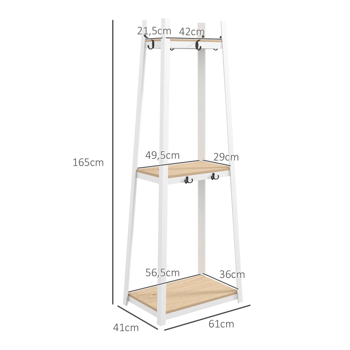 HOMCOM Suporte para Cabides de 3 Níveis Suporte para Cabides com 6 Ganchos e Prateleiras de Armazenamento para Entrada Corredor Quarto Sala 61x41x165 cm Natural