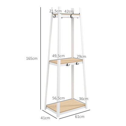 HOMCOM Suporte para Cabides de 3 Níveis Suporte para Cabides com 6 Ganchos e Prateleiras de Armazenamento para Entrada Corredor Quarto Sala 61x41x165 cm Natural