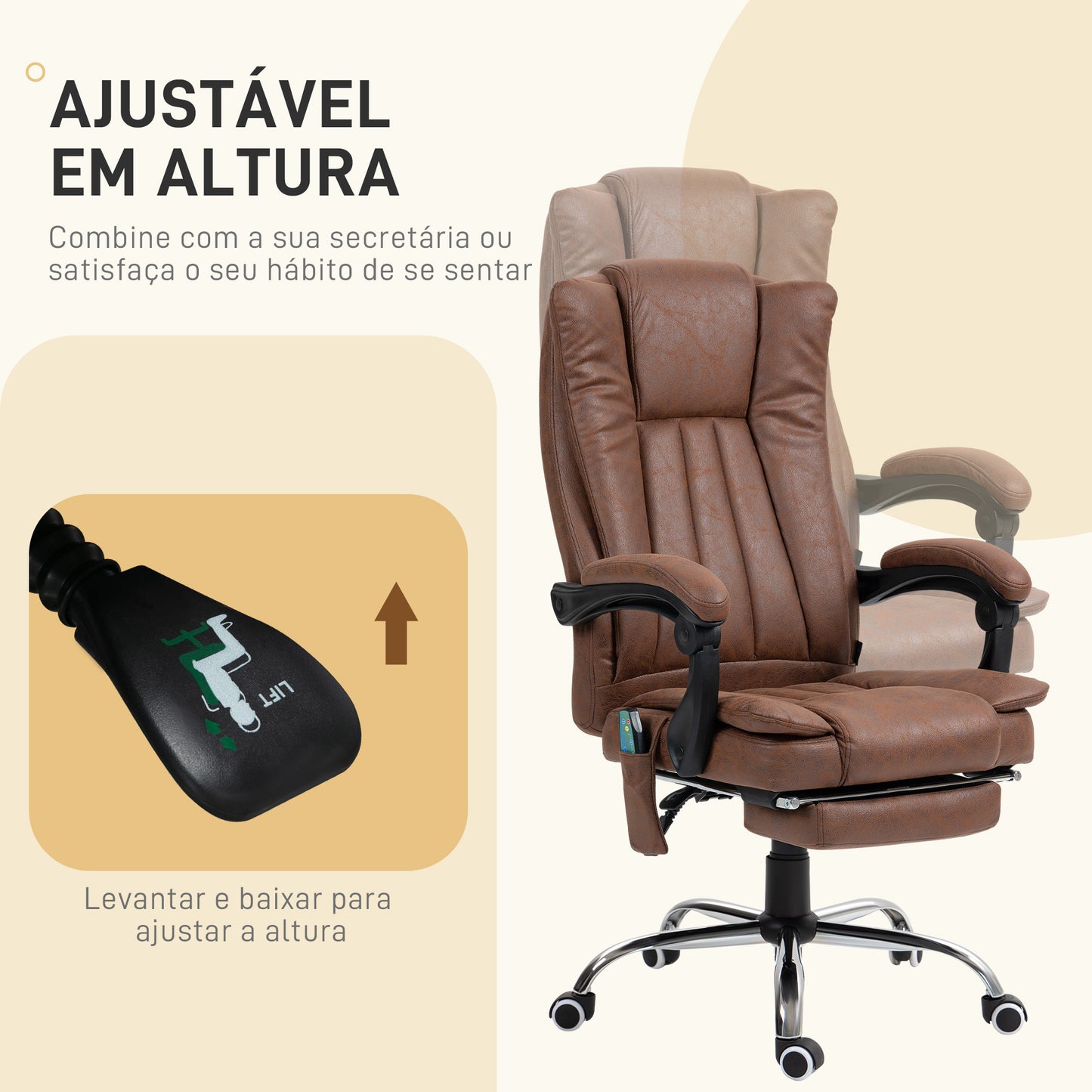 Vinsetto Cadeira de Massagem com 6 Pontos de Massagem Cadeira Giratória de Escritório Reclinável com Altura Ajustável Função de Aquecimento Apoio para os Pés Retrátil e Comando à Distância Marrom