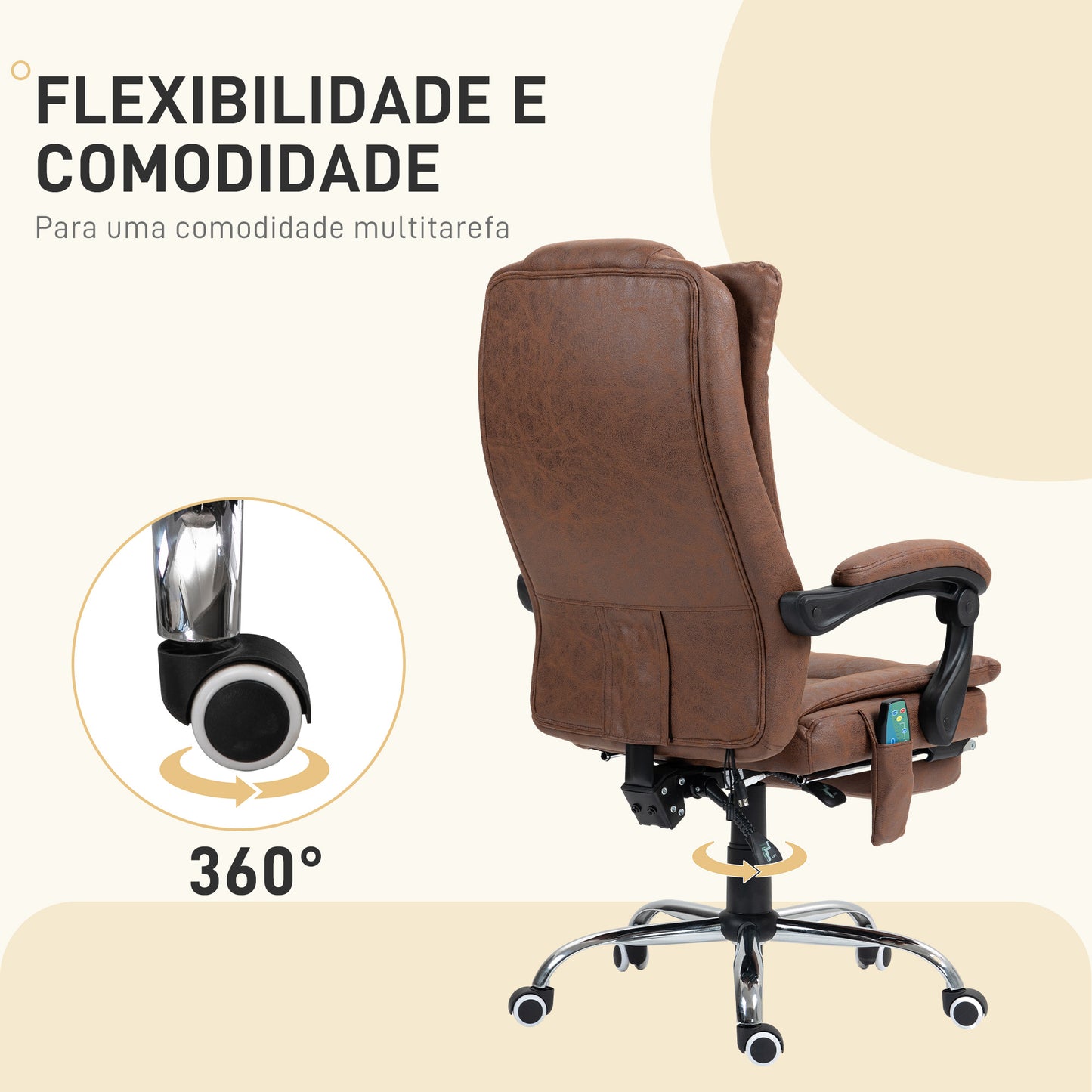 Vinsetto Cadeira de Massagem com 6 Pontos de Massagem Cadeira Giratória de Escritório Reclinável com Altura Ajustável Função de Aquecimento Apoio para os Pés Retrátil e Comando à Distância Marrom