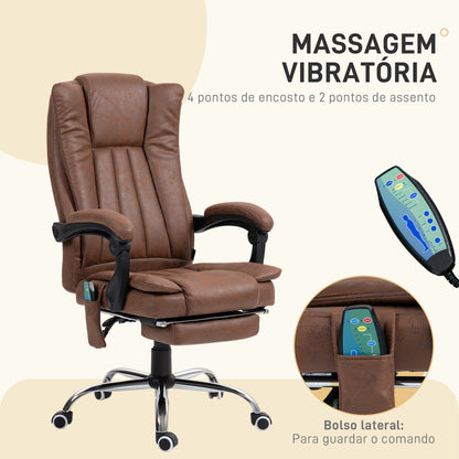 Vinsetto Cadeira de Massagem com 6 Pontos de Massagem Cadeira Giratória de Escritório Reclinável com Altura Ajustável Função de Aquecimento Apoio para os Pés Retrátil e Comando à Distância Marrom