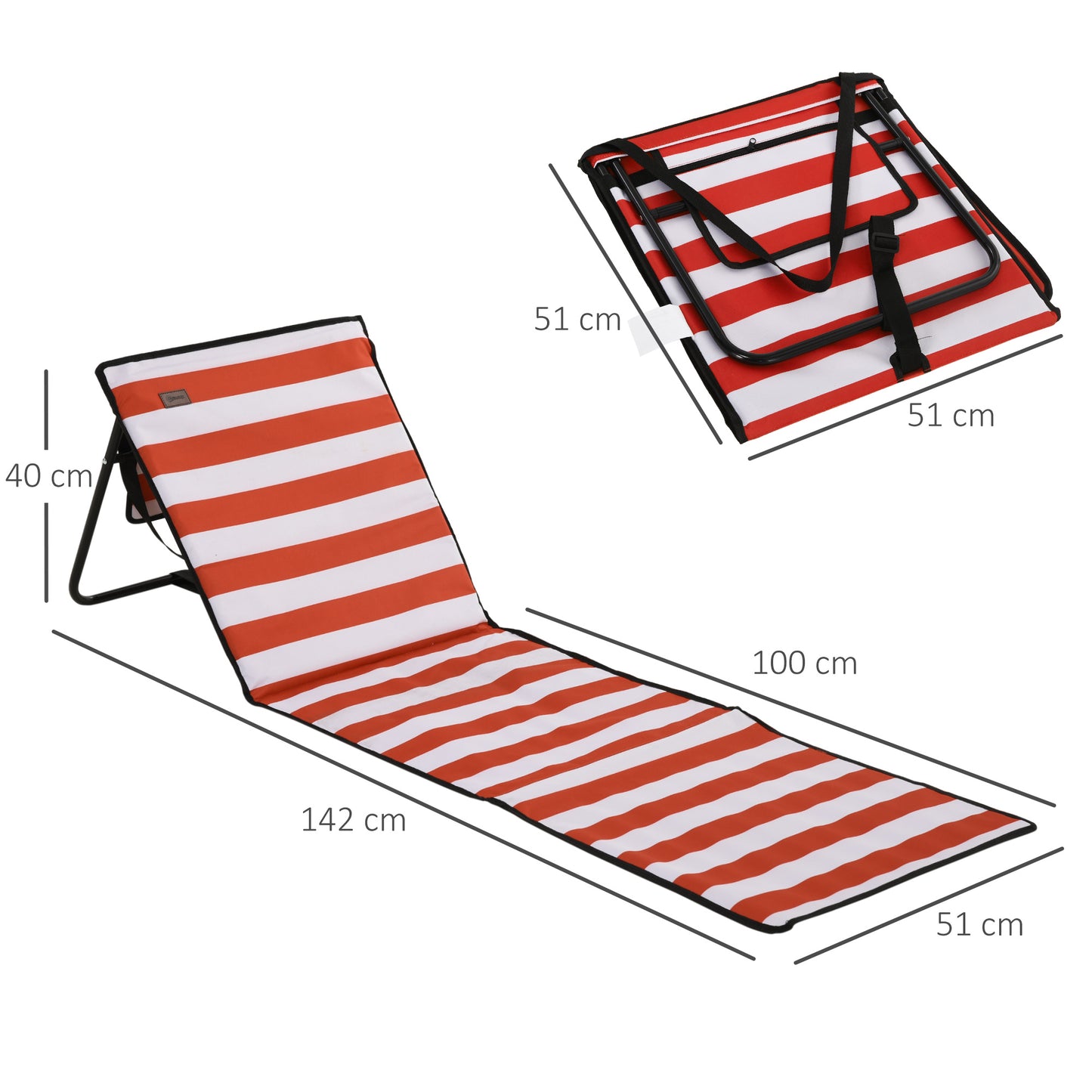 Outsunny Conjunto de 2 Esteiras de Praia Dobrável Esteiras Acolchoadas com Encosto Reclinável e Bolsa de Transporte para Jardim Campismo 142x51x40 cm Branco e Vermelho