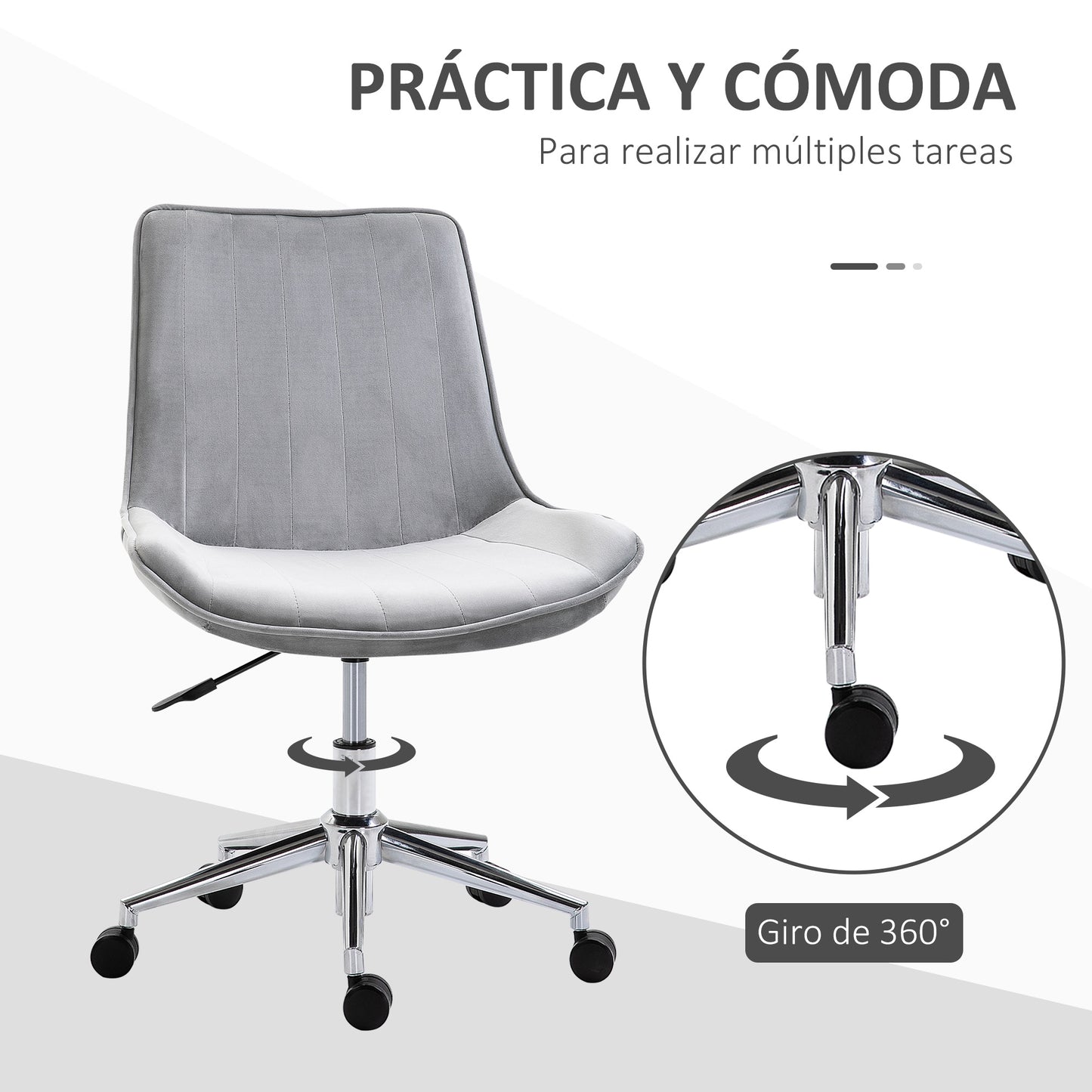 HOMCOM Cadeira de Escritório Operativa Giratória com Altura Ajustável Encosto Estofado em Pelúcia Suave e Rodas Carga 120kg 52,5x60x82-91cm Cinza