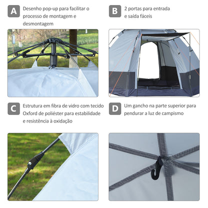 Outsunny Tenda de Campismo para 2 Pessoas Tenda de Campismo Dobrável com 2 Portas Impermeável Anti-UV E Bolsa de Transporte 260x260x150 cm Preto e Cinza