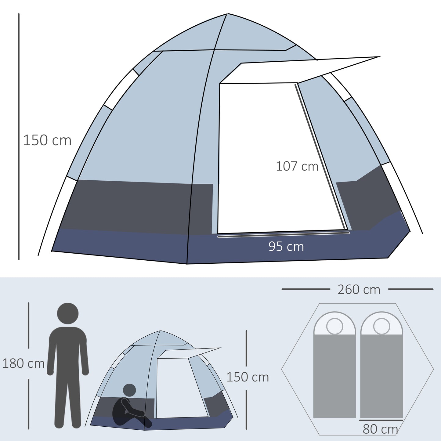 Outsunny Tenda de Campismo para 2 Pessoas Tenda de Campismo Dobrável com 2 Portas Impermeável Anti-UV E Bolsa de Transporte 260x260x150 cm Preto e Cinza