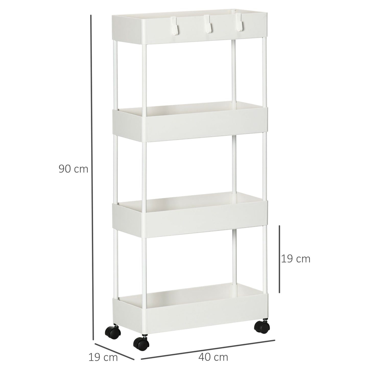 HOMCOM Carrinho Auxiliar com Rodas Carrinho de Armazenamento com 4 Cestas e 4 Ganchos Amovíveis para Cozinha Casa de Banho Sala de Estar 40x19x90 cm Branco