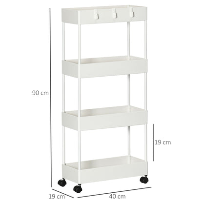 HOMCOM Carrinho Auxiliar com Rodas Carrinho de Armazenamento com 4 Cestas e 4 Ganchos Amovíveis para Cozinha Casa de Banho Sala de Estar 40x19x90 cm Branco