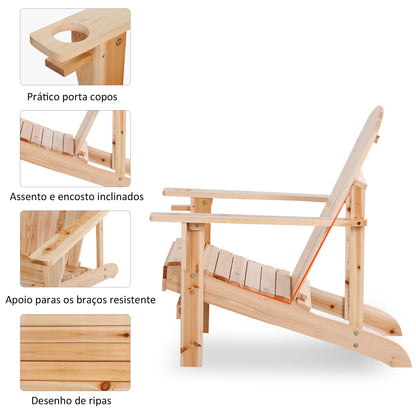 Outsunny Cadeira Adirondack de Madeira Cadeira de Jardim com Apoio para os Braços Encosto Alto para Terraço Balcão Exterior 72,5x97x96cm Natural