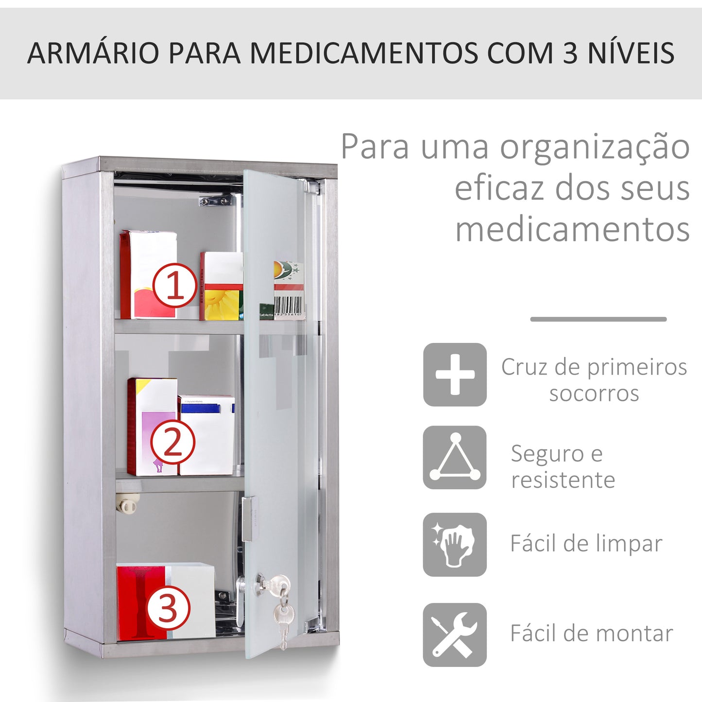 HOMCOM Armário de Medicamentos Armário de Primeiros Socorros de Aço Inoxidável com 3 Prateleiras e Fechadura 25x12x48 cm Prata