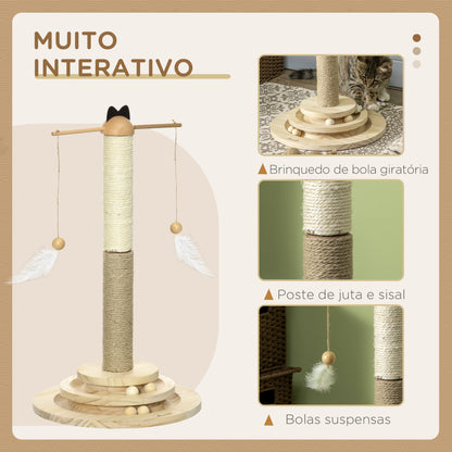 PawHut Árvore Arranhador para Gatos de Madeira Altura 56cm Torre para Gatos Centro de Atividades com Poste de Juta e Sisal Bolas para Brincar Ø32x56 cm Madeira