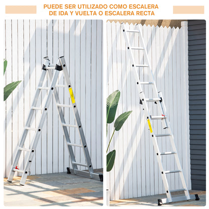 HOMCOM Escada de alumínio com estrutura triangular de tesoura dobrável portátil 2 maneiras de usar o trilho de articulação antiderrapante para pés Max. 150kg Altura 160-249cm Prata