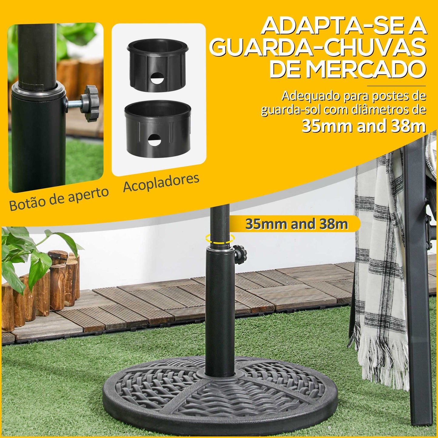 Outsunny Base de Chapéu de Sol Redonda Suporte para Chapéu de Sol Preenchido de Cimento Peso 9,5 kg para Mastros de Chapéu de Sol de Ø38/48 mm Preto