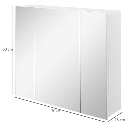 kleankin Armário de Casa de Banho com 3 Portas com Espelho Armário de Parede para Casa de Banho com Prateleiras Internas Ajustáveis 70x15x60 cm Branco