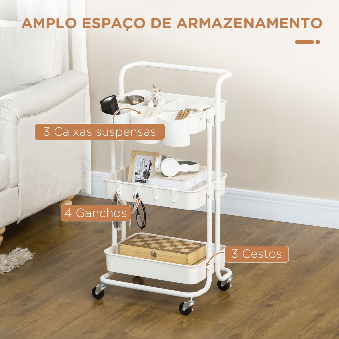 HOMCOM Carrinho de Cozinha de Aço Carrinho de Armazenamento com 4 Ganchos 3 Cestas Removíveis 3 Caixas Suspensas e Travões para Casa de Banho Sala de Estar Dormitório 42x38x86,5 cm Branco