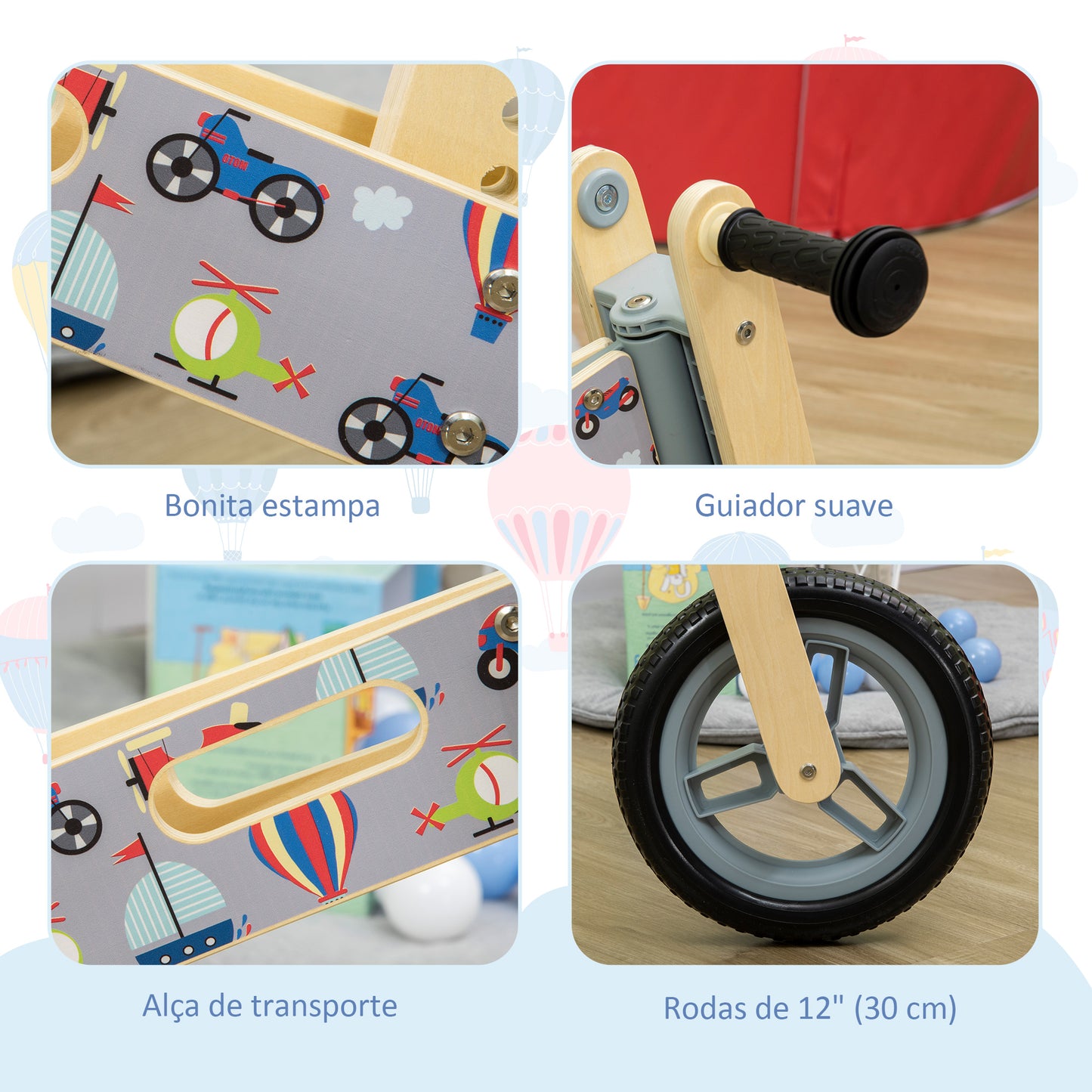 AIYAPLAY Bicicleta sem Pedais de Madeira para Crianças de 3-6 Anos com Assento Ajustável 34-40cm Bicicleta de Equilíbrio Infantil com Rodas de 12" Carga Máxima 30kg 87x37x50cm Cinza