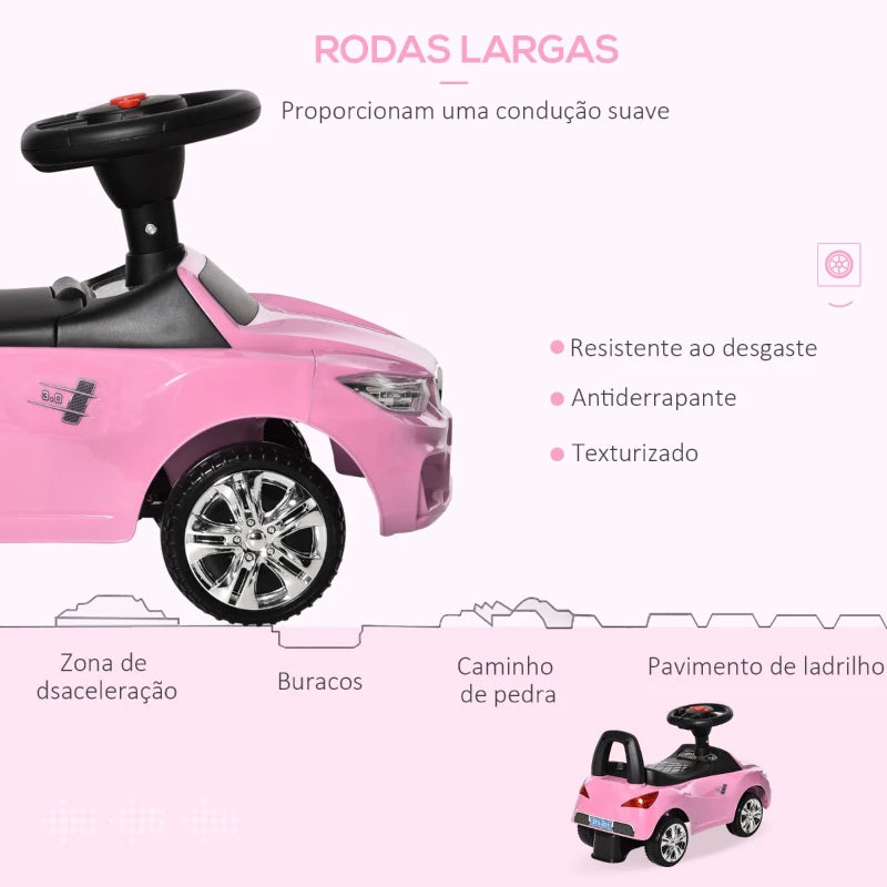 Carro Andador para Crianças de 18-36 Meses com Faróis Música Buzina Volante Compartimento de Armazenamento e Alça para Empurrar 63,5x28x36 Rosa