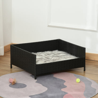 PawHut Sofá Cama para Cães de Vime Cama Elevada para Gatos Retangular com Almofada Suave e Lavável para Interior e Exterior 61x46x24,5cm Preto