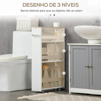 kleankin Estante de Armazenamento para Casa de Banho de 3 Níveis Estante Estreita com Alça Lateral Estante com Rodas para Cozinha Sala de Estar Estilo Moderno 48x15x80cm Branco