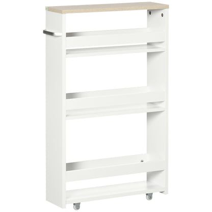 kleankin Estante de Armazenamento para Casa de Banho de 3 Níveis Estante Estreita com Alça Lateral Estante com Rodas para Cozinha Sala de Estar Estilo Moderno 48x15x80cm Branco